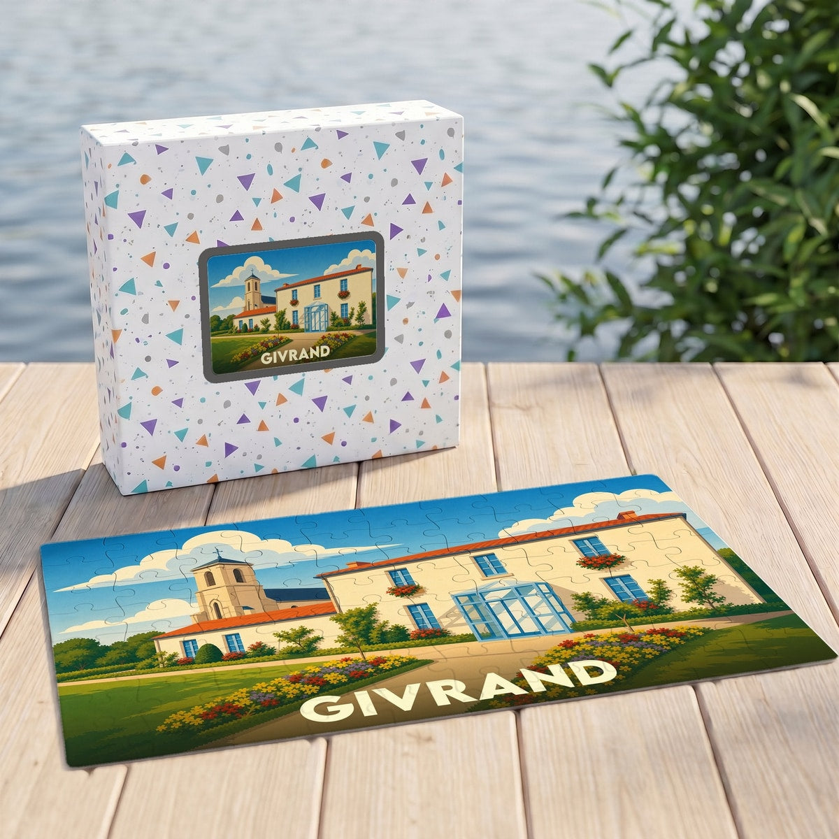 Puzzle souvenir de la ville de Givrand avec une illustration stylisée d'un bâtiment provençal.