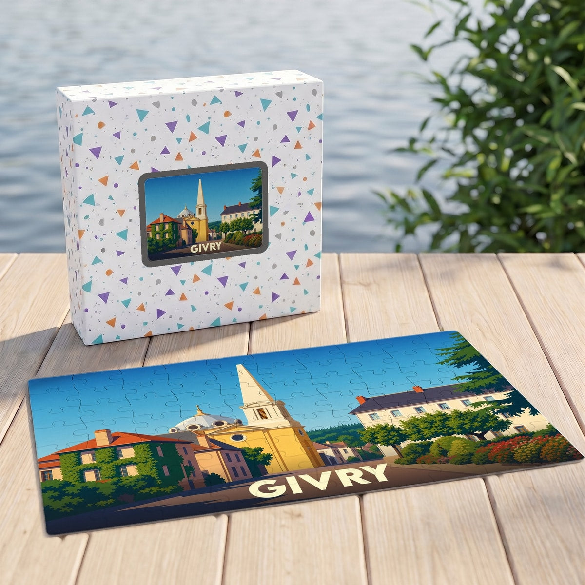 Puzzle souvenir de la ville de Givry avec une illustration stylisée et sa boîte assortie.
