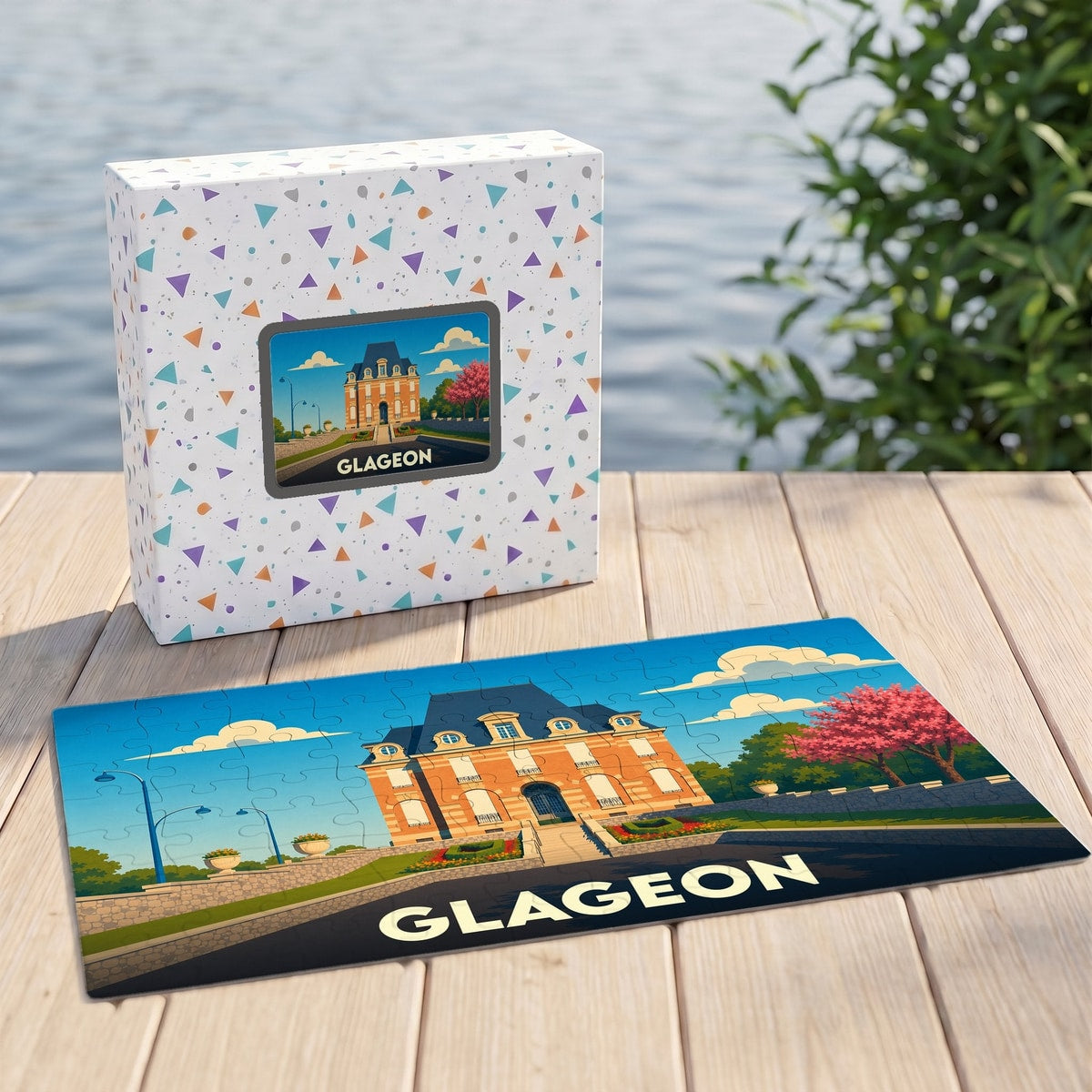 Puzzle souvenir de la ville de Glageon avec une illustration stylisée de son architecture.