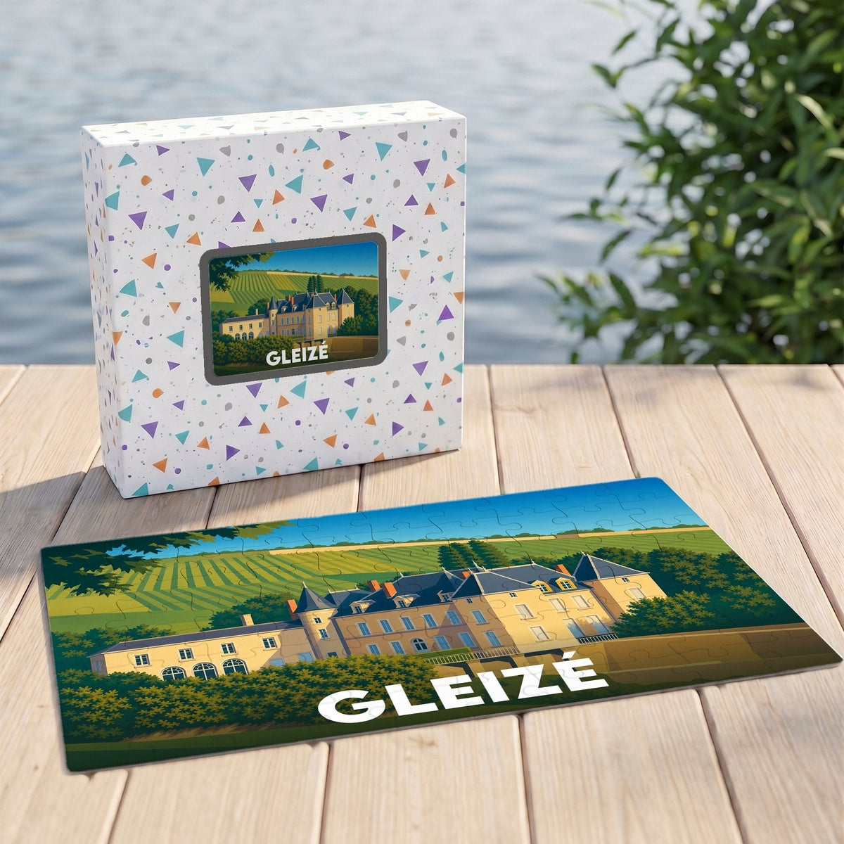 Puzzle souvenir de la ville de Gleizé avec une illustration stylisée d'un château.