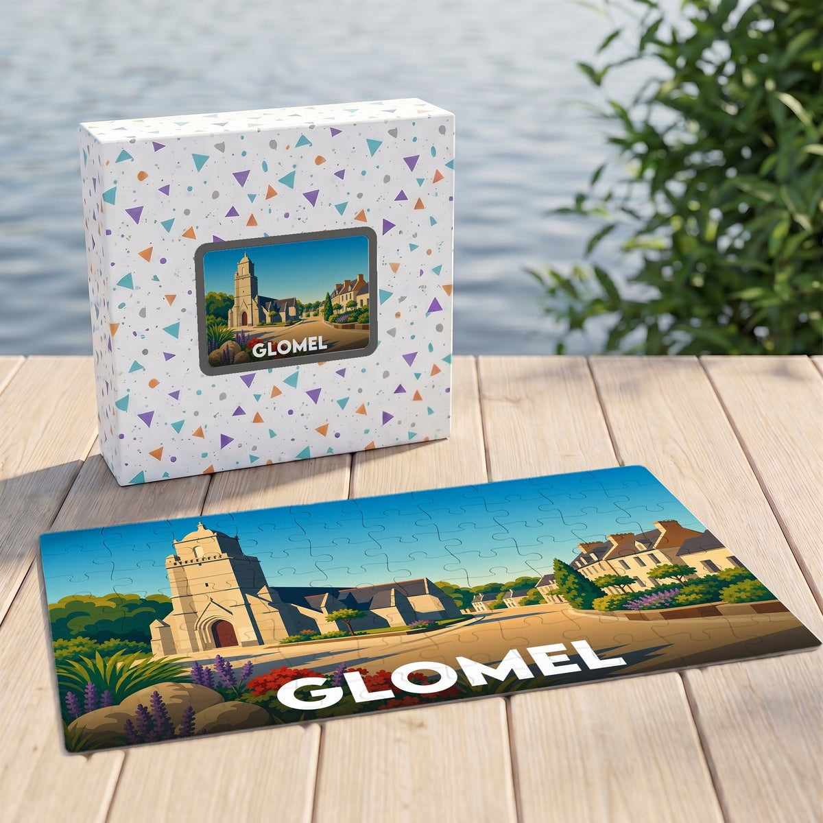 Puzzle souvenir de la ville de Glomel avec une illustration stylisée et colorée de son église.