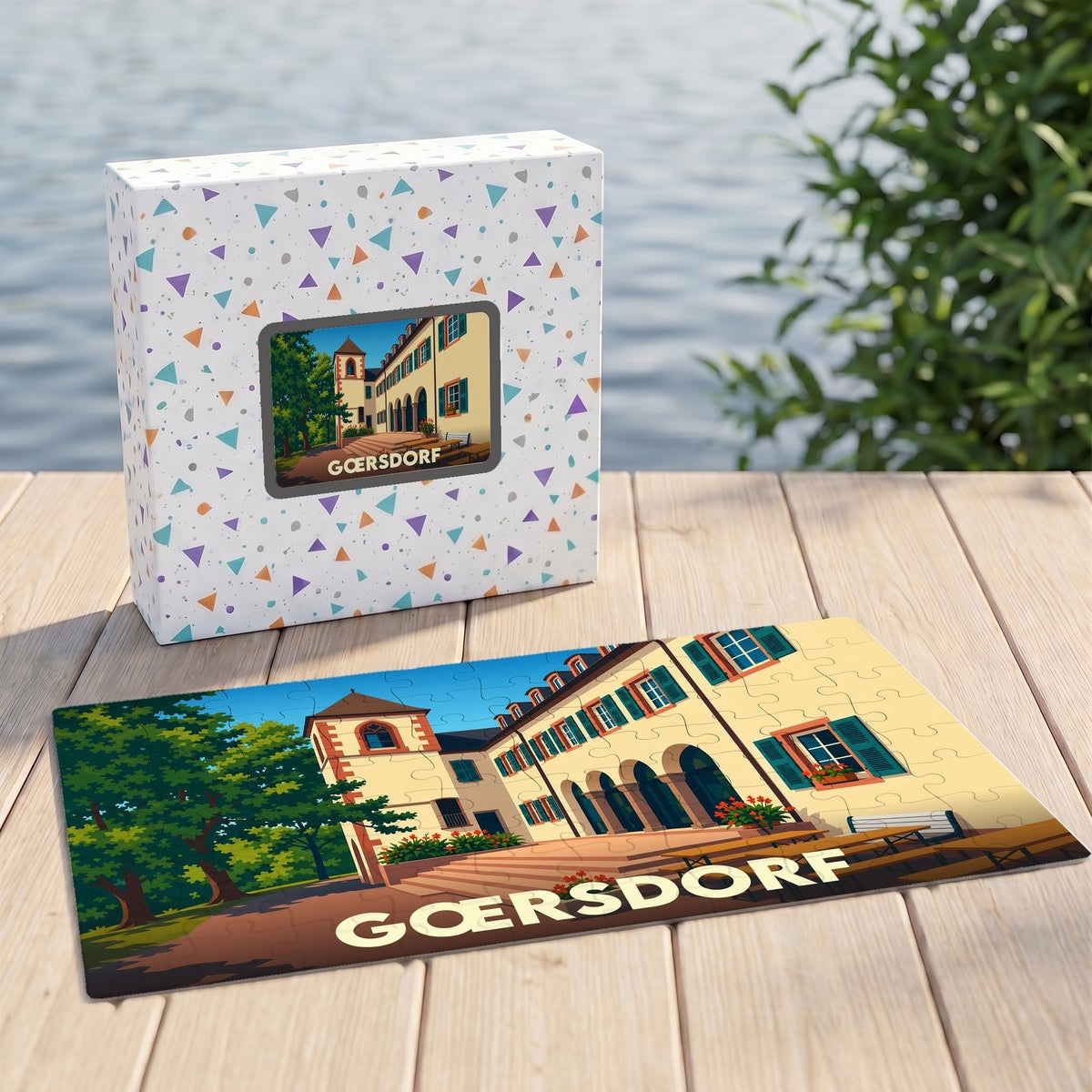 Puzzle souvenir de la ville de Gœrsdorf avec une illustration stylisée et colorée de son patrimoine.
