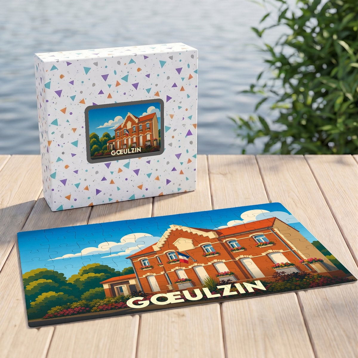 Puzzle souvenir de la ville de Gœulzin avec une illustration stylisée d'un bâtiment typique.