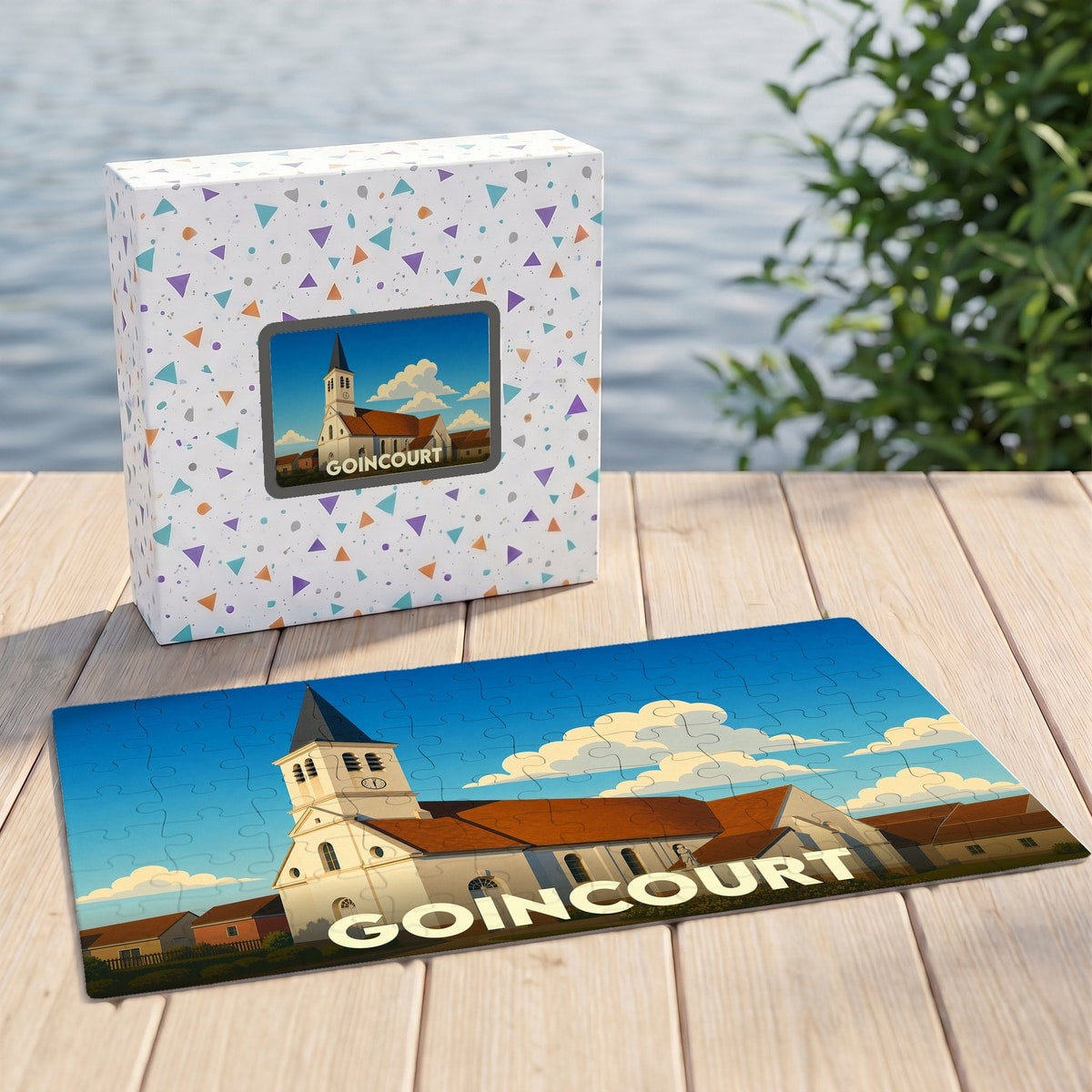 Puzzle souvenir de la ville de Goincourt avec une illustration stylisée d'un bâtiment historique.