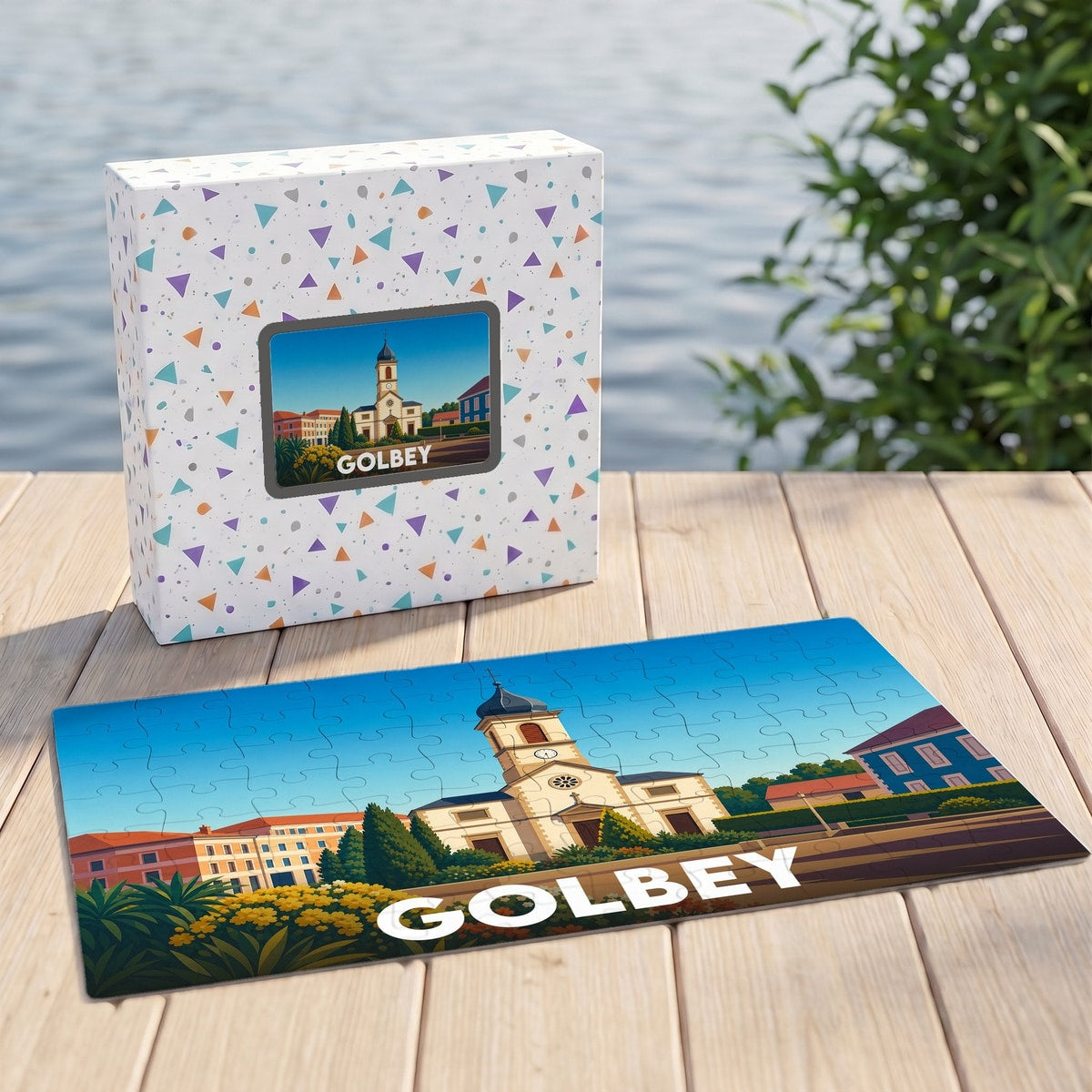 Puzzle souvenir de la ville de Golbey avec une illustration stylisée de son église et de ses bâtiments.