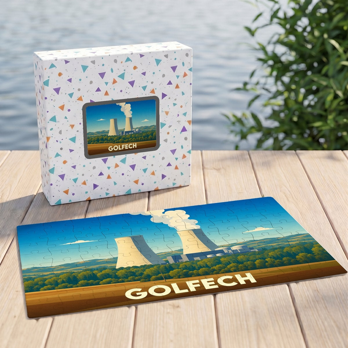 Puzzle souvenir de la ville de Golfech illustrant sa centrale nucléaire dans un style graphique épuré.
