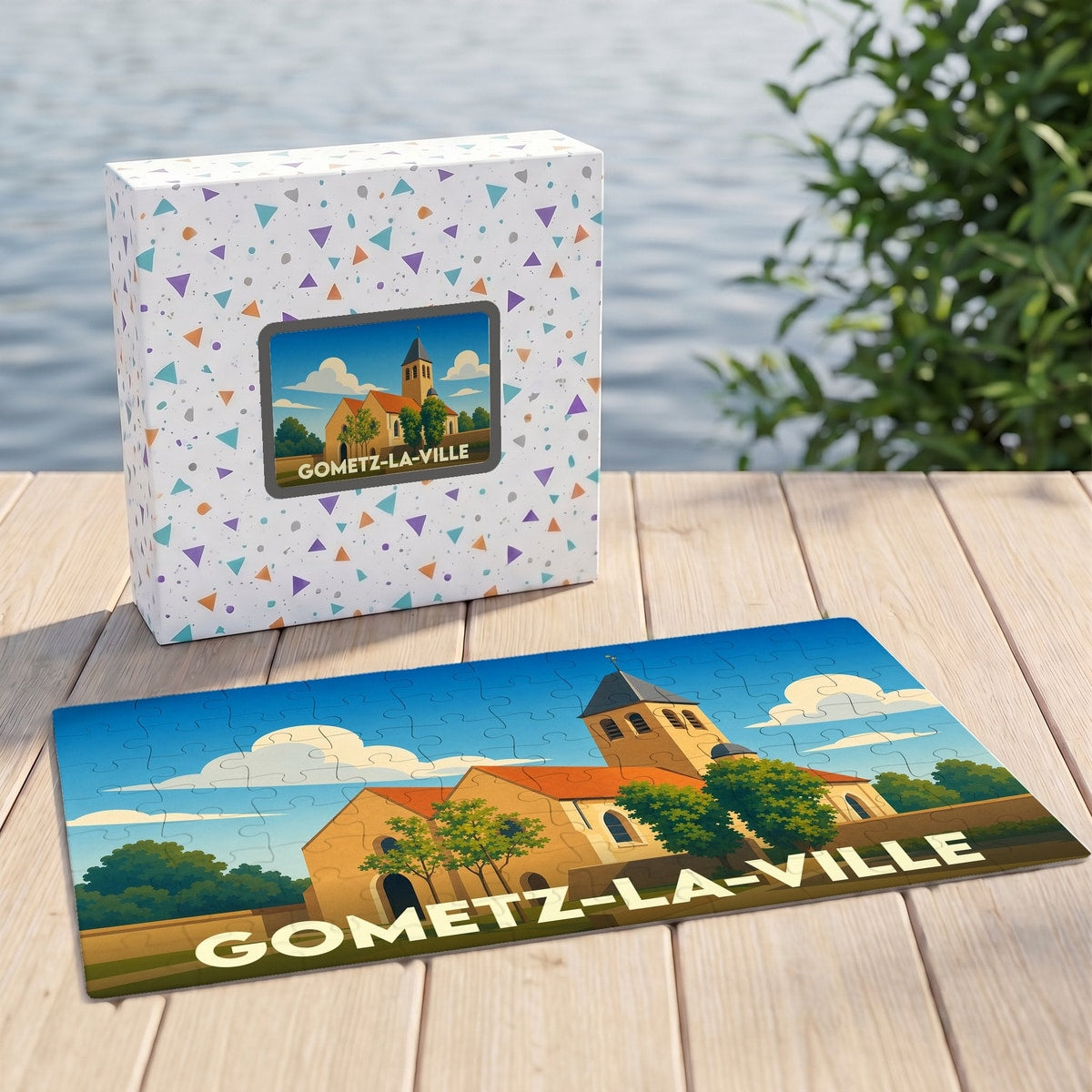 Puzzle souvenir de la ville de Gometz-la-Ville avec une illustration stylisée de son église.