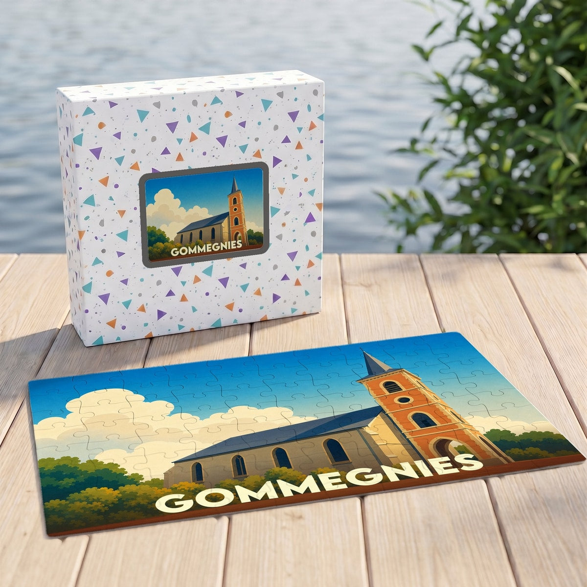 Puzzle souvenir de la ville de Gommegnies avec une illustration stylisée de son église.