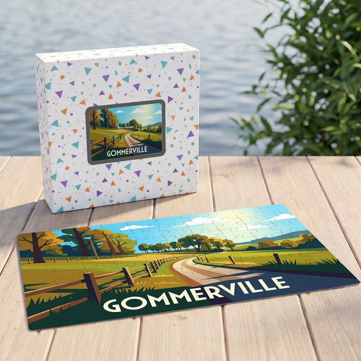 Puzzle souvenir de la ville de Gommerville avec une illustration paysagère stylisée.
