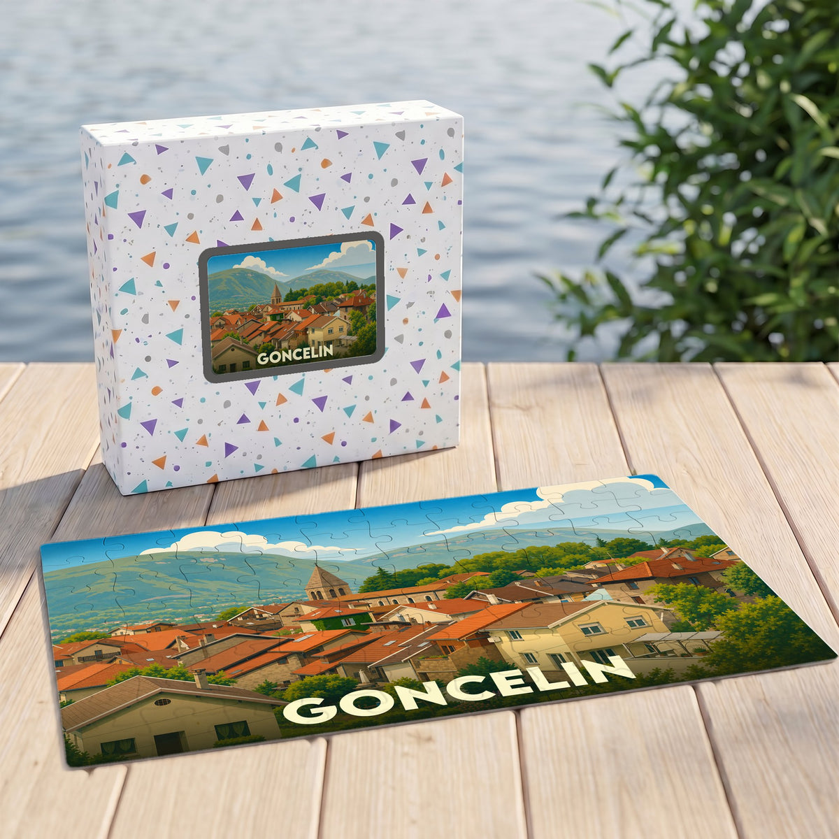 Puzzle souvenir de la ville de Goncelin présentant une illustration stylisée de ses toits et montagnes environnantes.