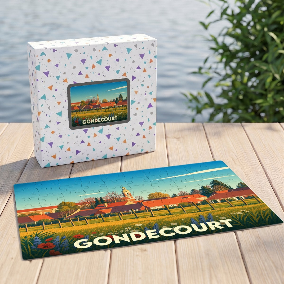Puzzle souvenir de la ville de Gondecourt avec une illustration stylisée et colorée.