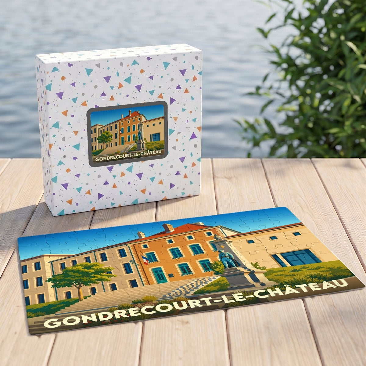 Puzzle souvenir de la ville de Gondrecourt-le-Château avec une illustration stylisée du bâtiment communal.