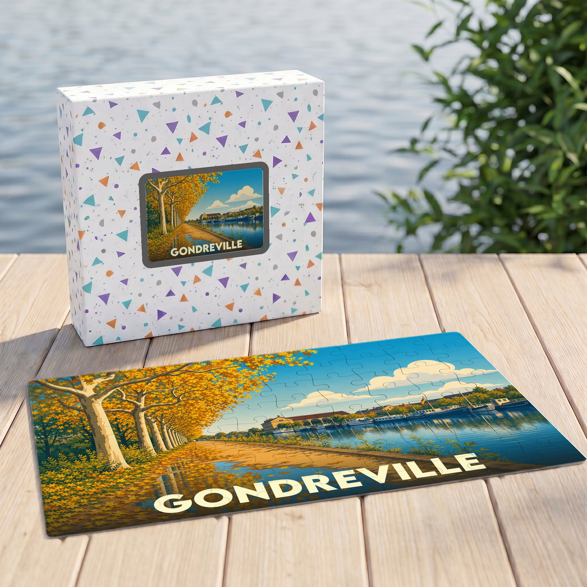 Puzzle souvenir de la ville de Gondreville avec une illustration stylisée de son canal en automne.