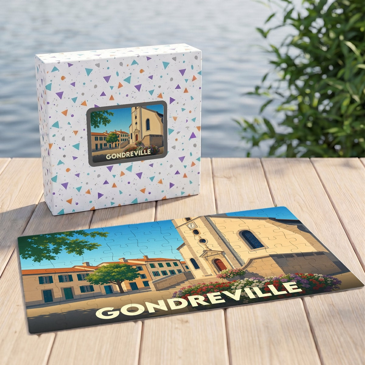 Puzzle souvenir de la ville de Gondreville avec une illustration stylisée d'une place et de son église.