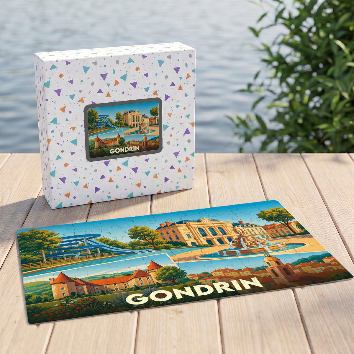 Puzzle souvenir de la ville de Gondrin avec une illustration colorée et son coffret assorti.
