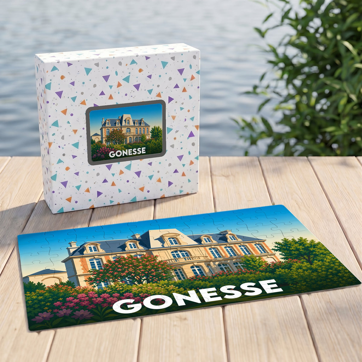 Puzzle souvenir de la ville de Gonesse illustré par un manoir entouré de fleurs.