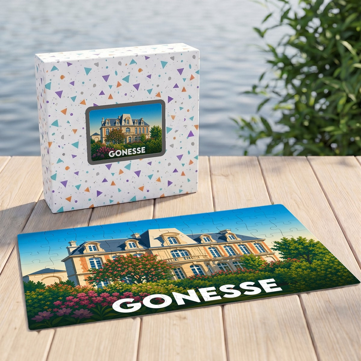 Puzzle souvenir de la ville de Gonesse illustré par un manoir entouré de fleurs.