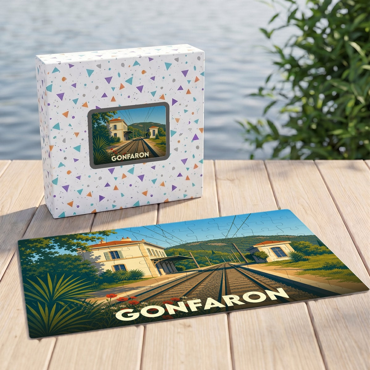 Puzzle souvenir de la ville de Gonfaron représentant sa gare ferroviaire dans un style illustré et coloré.