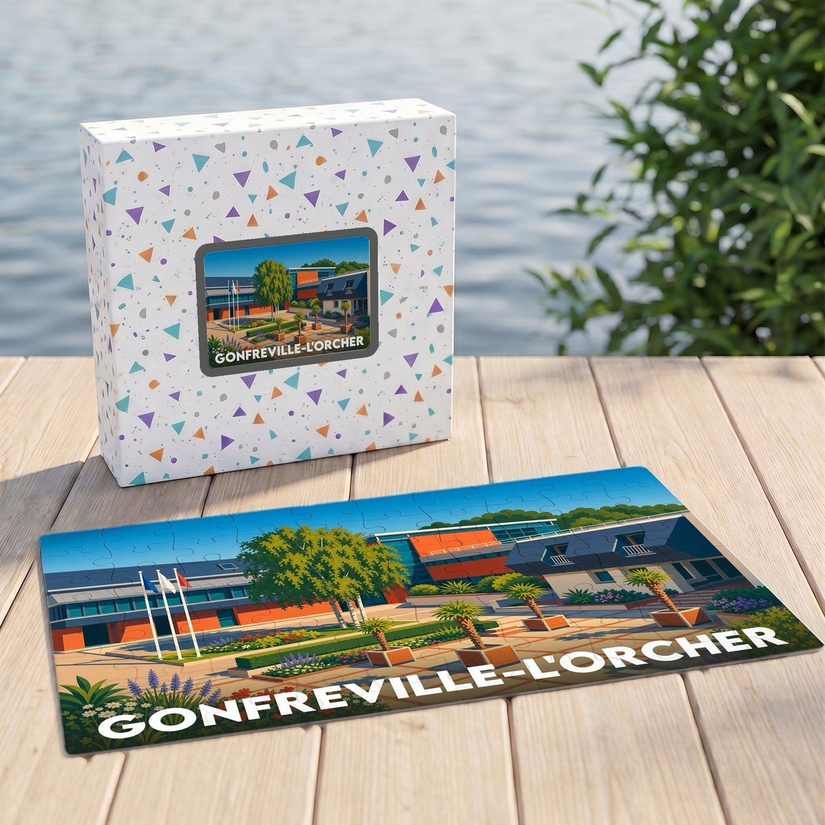 Puzzle souvenir de la ville de Gonfreville-l'Orcher avec une illustration stylisée et colorée.