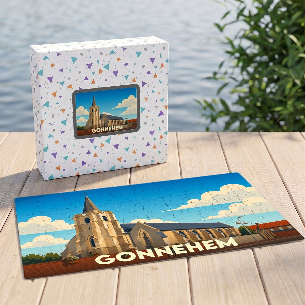 Puzzle souvenir de la ville de Gonnehem avec une illustration stylisée de son église.