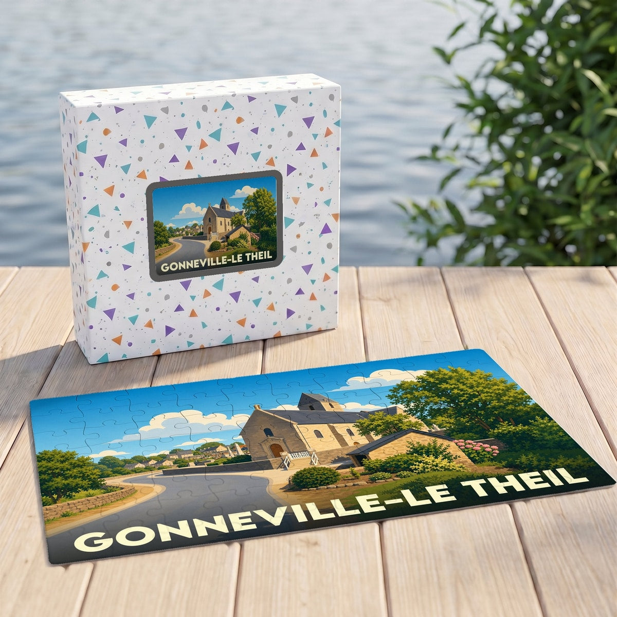 Puzzle souvenir de la ville de Gonneville-Le Theil avec une illustration stylisée d'une église de campagne.