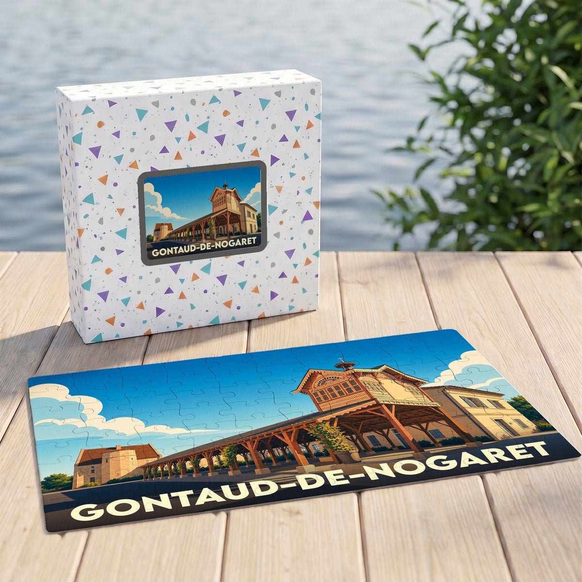 Puzzle souvenir de la ville de Gontaud-de-Nogaret avec une illustration stylisée de sa halle historique.