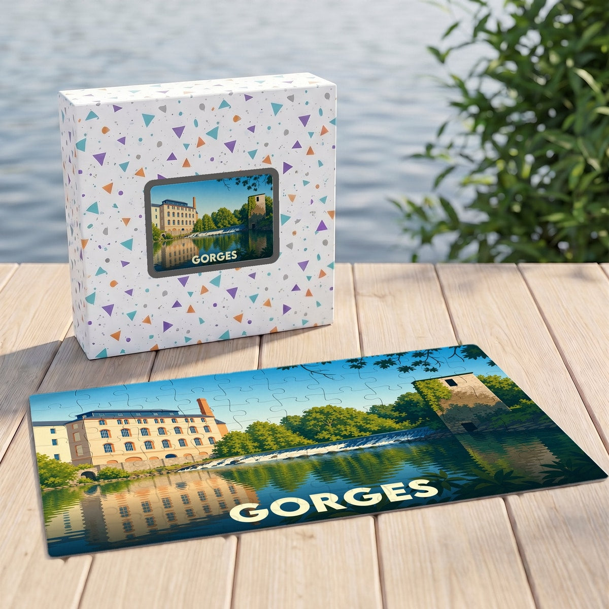 Puzzle souvenir de la ville de Gorges avec une illustration stylisée d'un paysage fluvial.