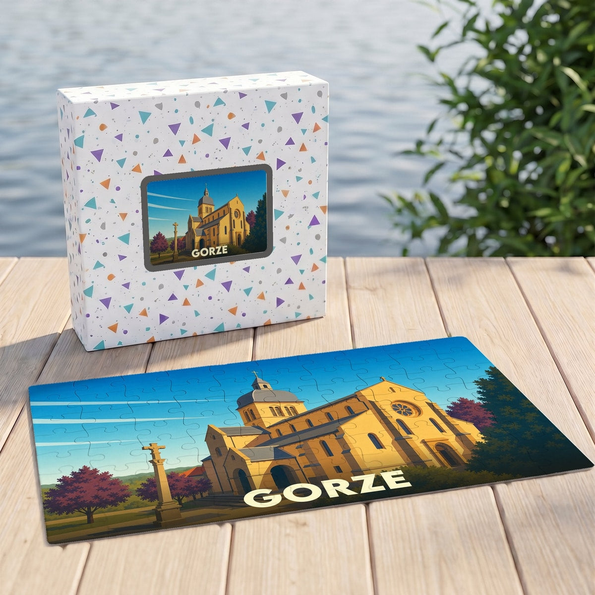 Puzzle souvenir de la ville de Gorze avec une illustration stylisée de son église.
