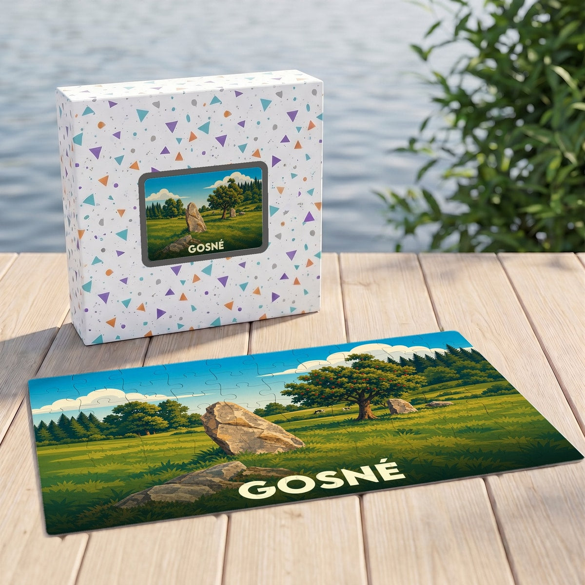 Puzzle souvenir de la ville de Gosné avec une illustration stylisée d'un paysage naturel.