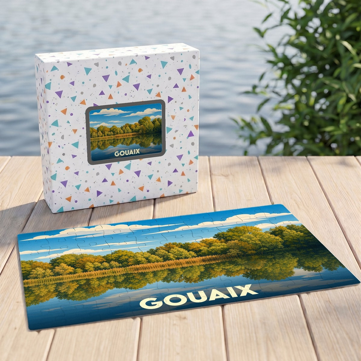 Puzzle souvenir de la ville de Gouaix avec une illustration stylisée de paysage lacustre.