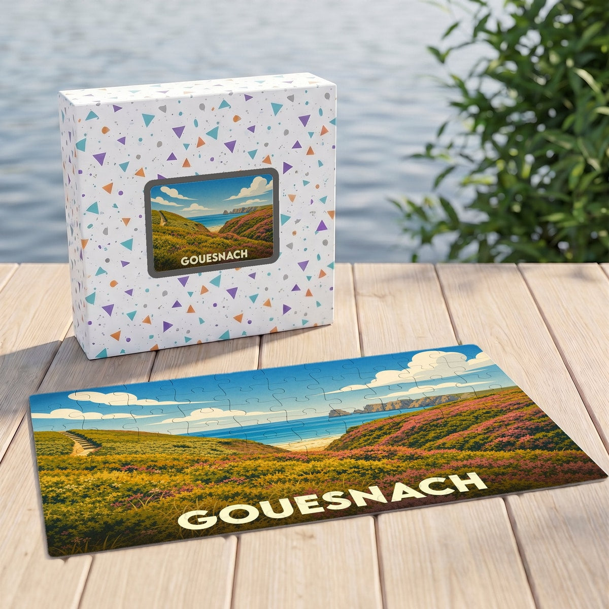 Puzzle souvenir de la ville de Gouesnach illustrant un paysage côtier fleuri.