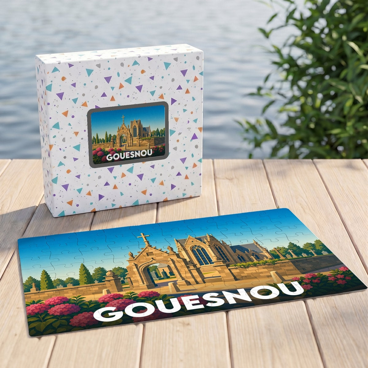 Puzzle souvenir de la ville de Gouesnou présentant une illustration stylisée d'un monument historique sur sa boîte et son plateau.