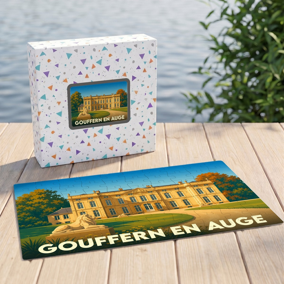 Puzzle souvenir de la ville de Gouffern en Auge avec une illustration stylisée d'un château.