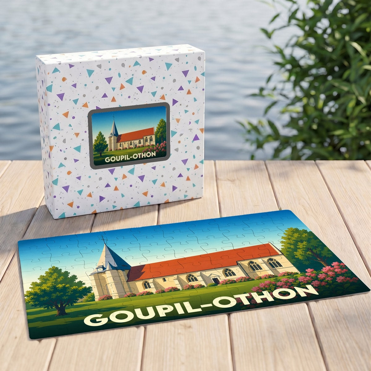 Puzzle souvenir de la ville de Goupil-Othon avec une illustration stylisée de son église.