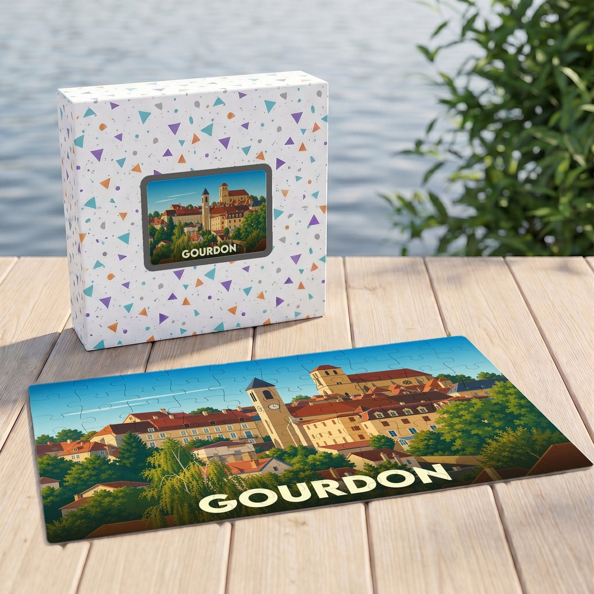 Puzzle souvenir de la ville de Gourdon avec une illustration stylisée de son centre historique.