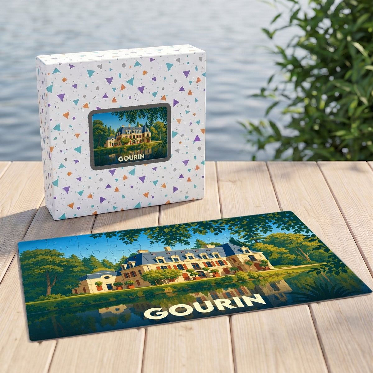 Puzzle souvenir de la ville de Gourin avec une illustration stylisée d'un manoir au bord de l'eau.