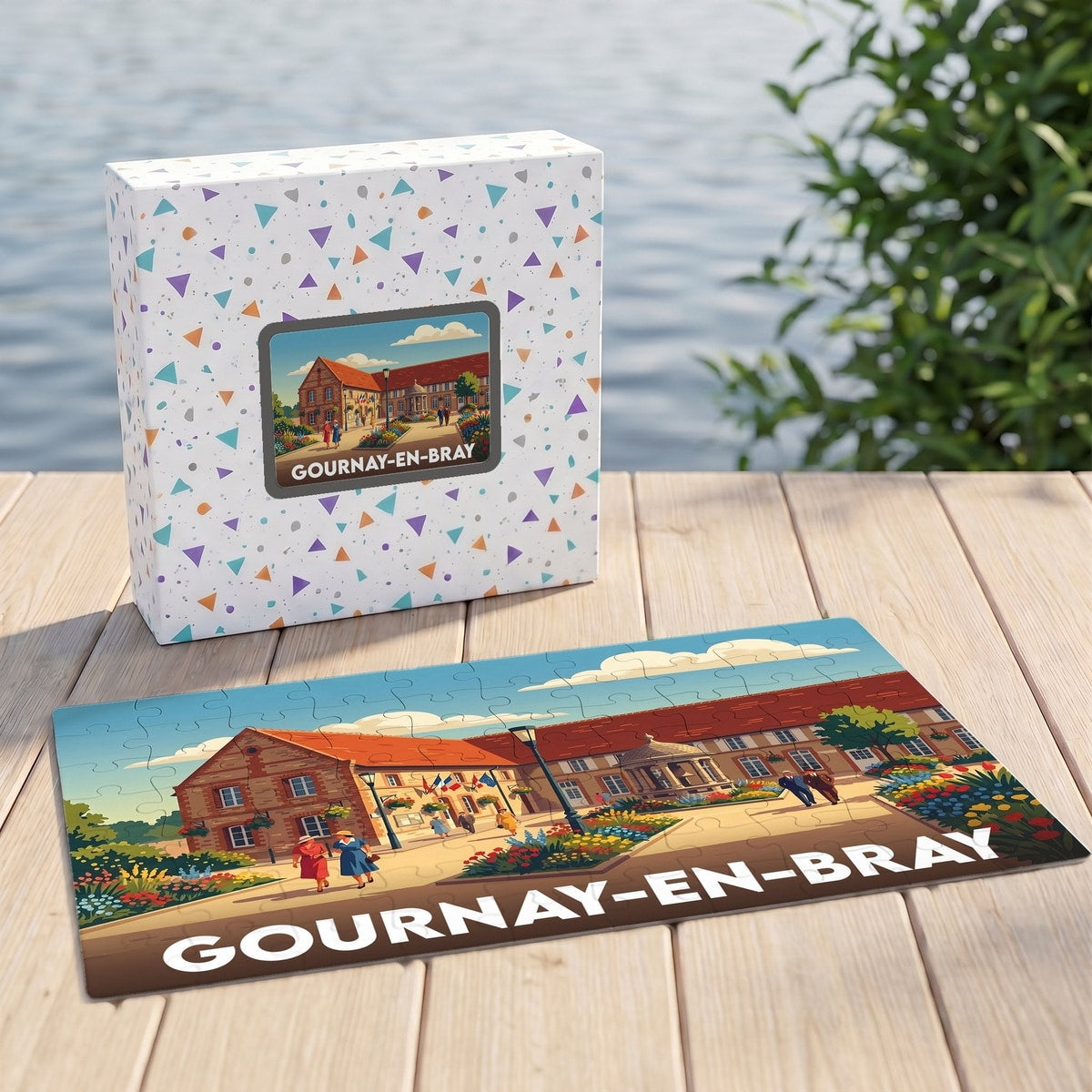 Puzzle souvenir de la ville de Gournay-en-Bray avec une illustration colorée et son coffret assorti.
