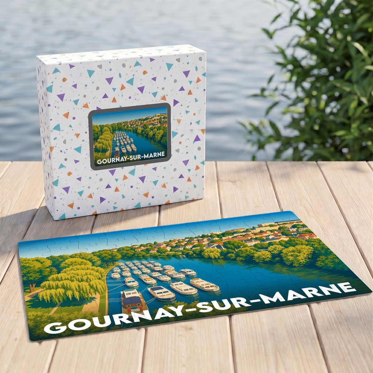 Puzzle souvenir de Gournay-sur-Marne avec une illustration stylisée de bateaux sur la rivière.