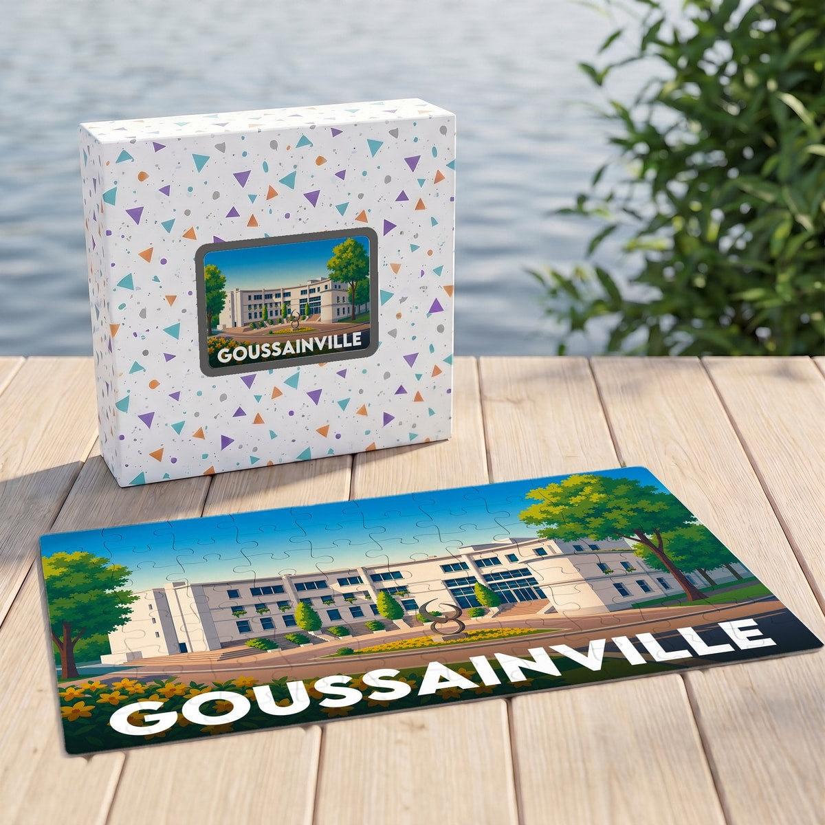 Puzzle souvenir de la ville de Goussainville avec une illustration stylisée du bâtiment de la mairie.