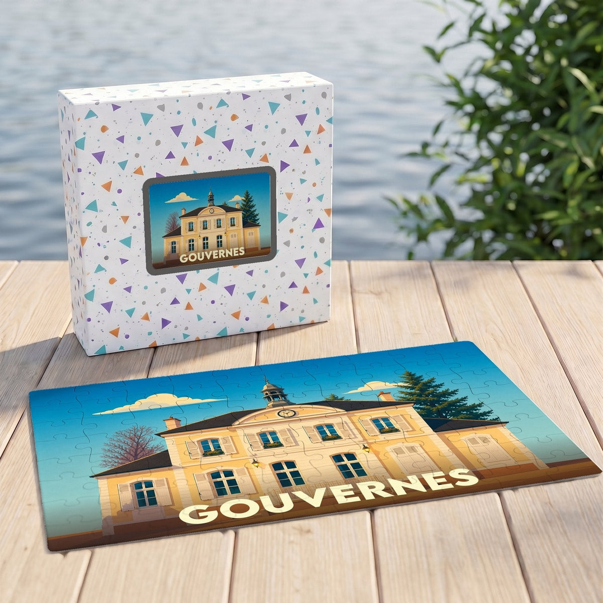 Puzzle souvenir de la ville de Gouvernes représentant une illustration stylisée de sa mairie.
