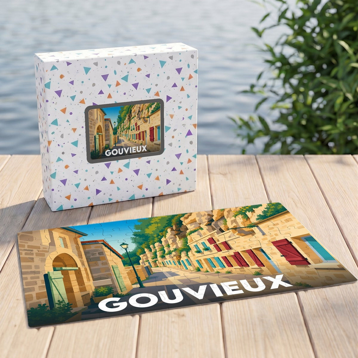 Puzzle souvenir de la ville de Gouvieux avec une illustration colorée de maisons troglodytiques.