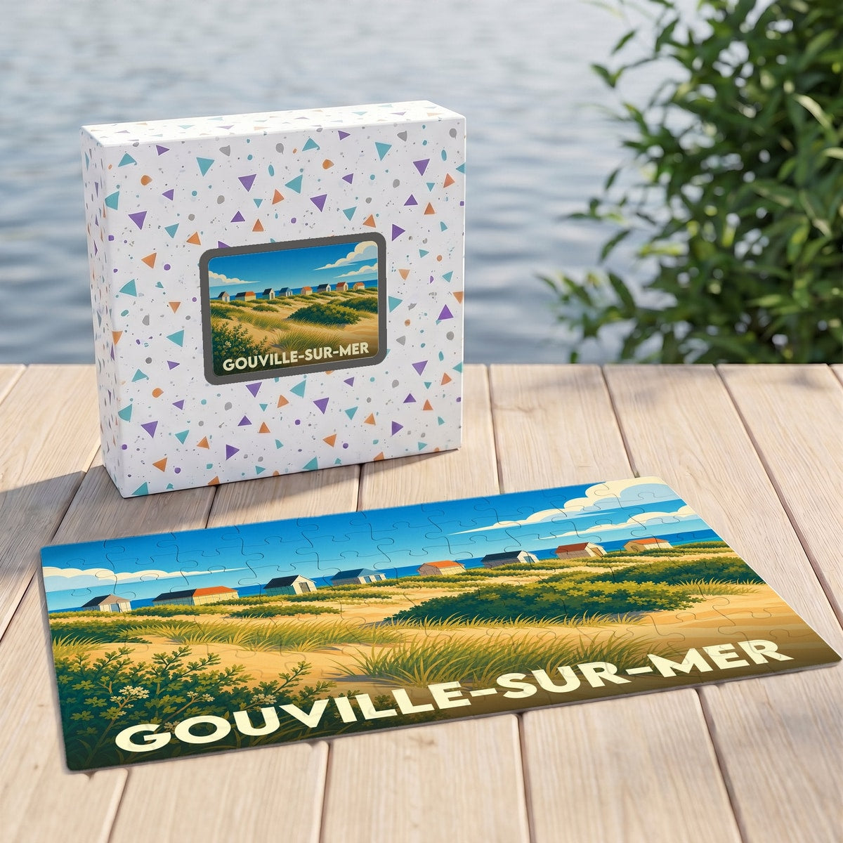 Puzzle souvenir de la ville de Gouville-sur-Mer avec une illustration stylisée de cabines de plage et de dunes.