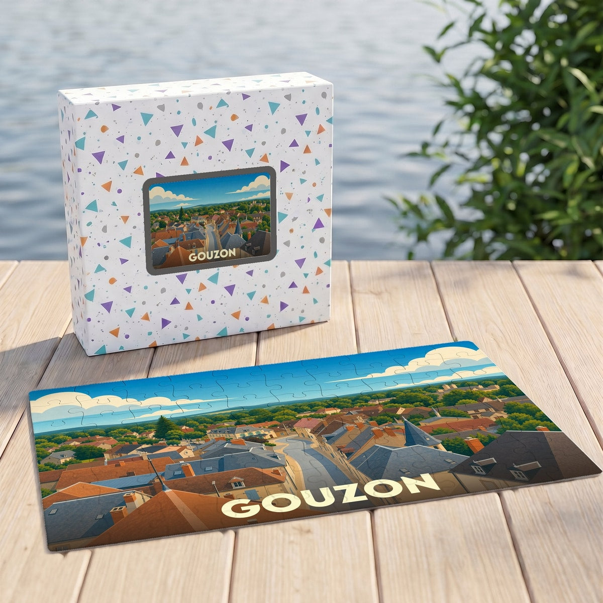 Puzzle souvenir de la ville de Gouzon avec une illustration stylisée de ses toits.