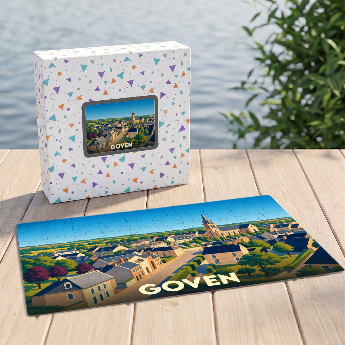 Puzzle souvenir de la ville de Goven avec une illustration stylisée.