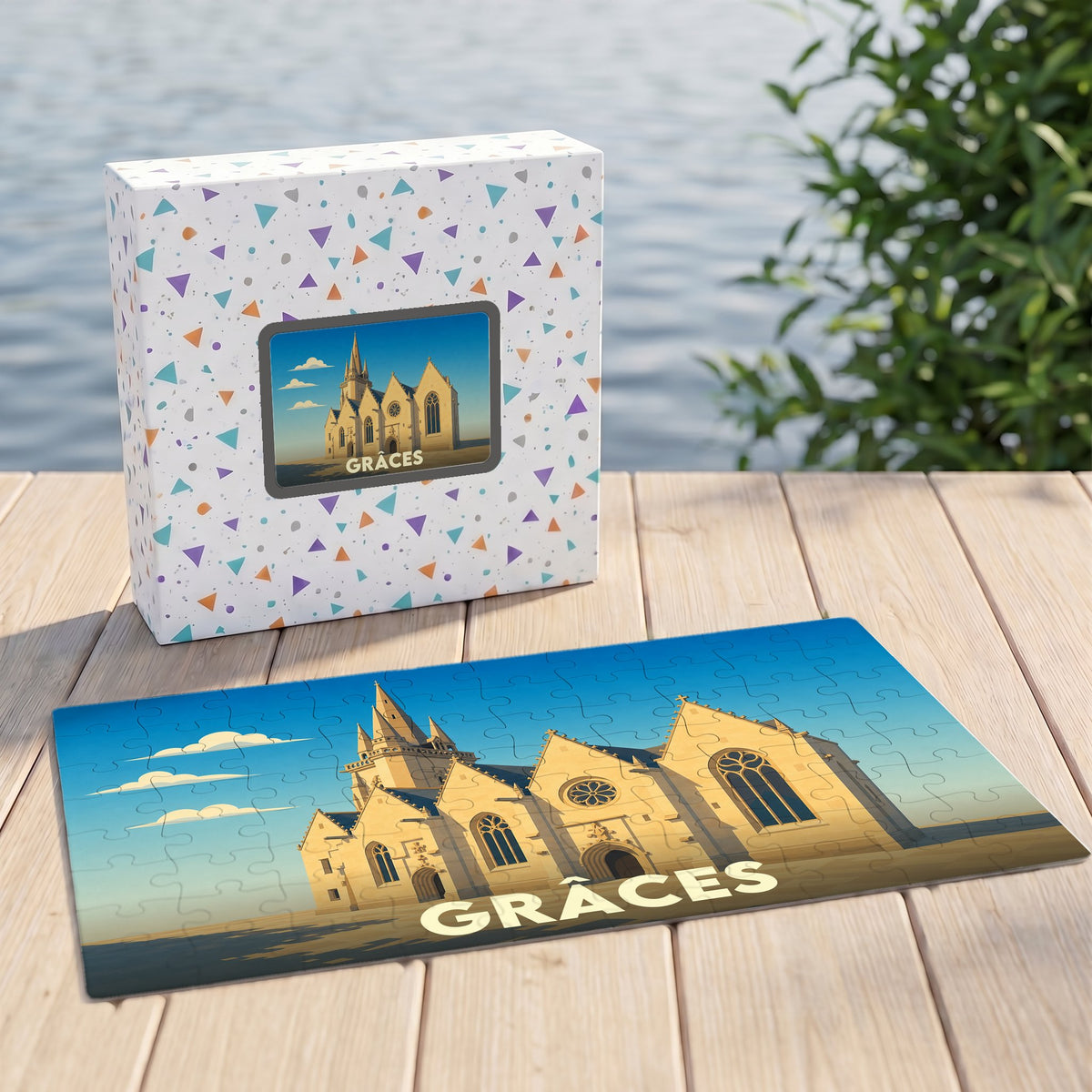 Puzzle souvenir de la ville de Grâces avec une illustration stylisée de son église.