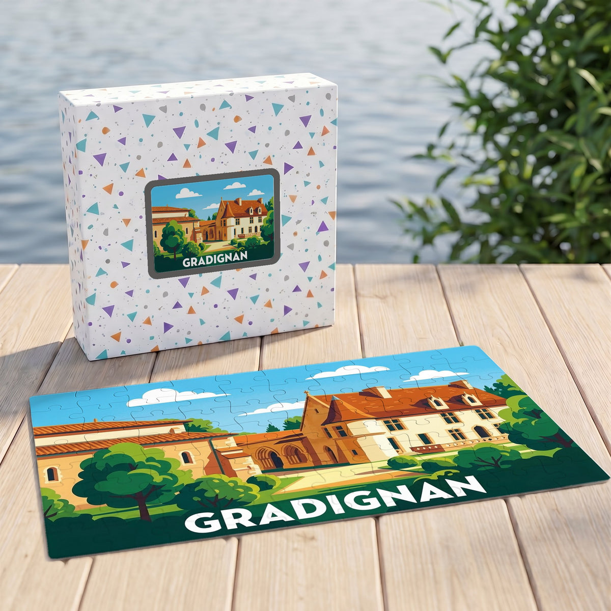 Puzzle souvenir de la ville de Gradignan présentant une illustration stylisée de son patrimoine architectural.