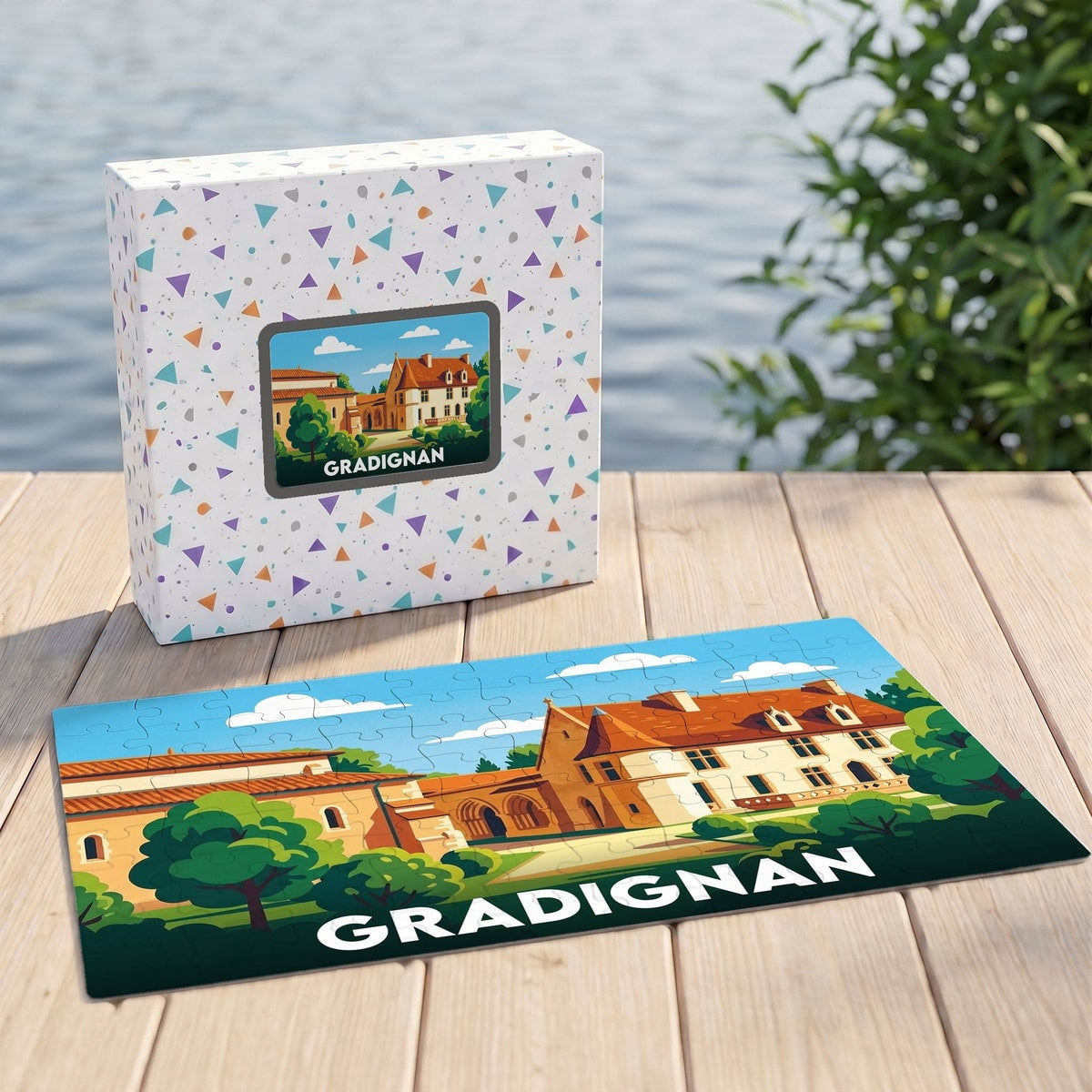 Puzzle souvenir de la ville de Gradignan présentant une illustration stylisée de son patrimoine architectural.