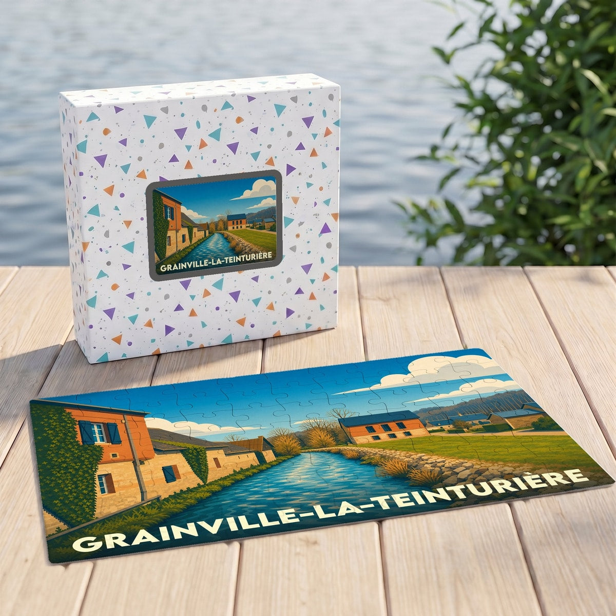 Puzzle souvenir de la ville de Grainville-la-Teinturière illustré par un paysage champêtre stylisé.