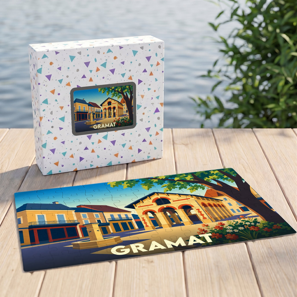 Puzzle souvenir de la ville de Gramat avec une illustration stylisée de sa place principale.