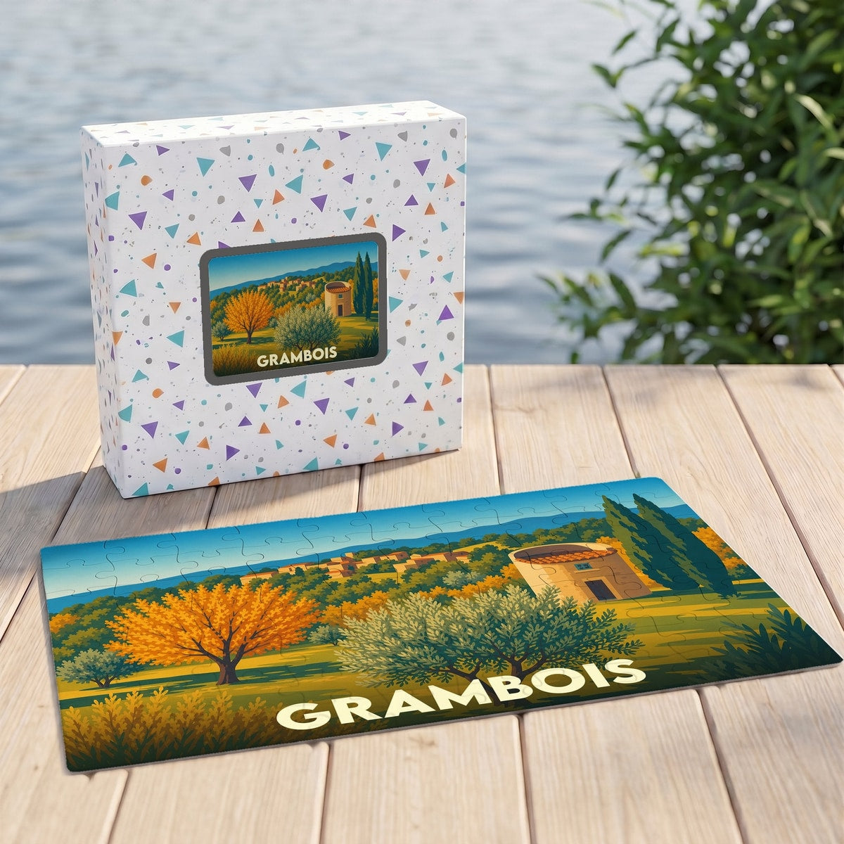 Puzzle souvenir de la ville de Grambois avec une illustration stylisée de son paysage provençal.